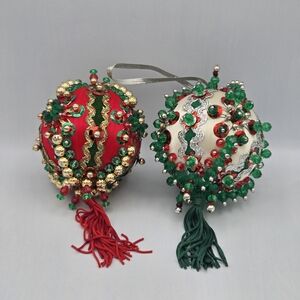 Set Of 2 Vintage Push Pin Christmas Ornaments Handmade Red & White Tassel